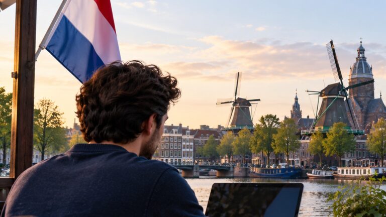 Hollanda start-up vizesi için Hollanda kanal kıyısında dizüstü bilgisayarla iş planı hazırlayan girişimci