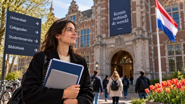 Hollanda üniversite öğrenci vizesi kapsamında Hollanda üniversitesi önünde kitaplarını taşıyan uluslararası öğrenci