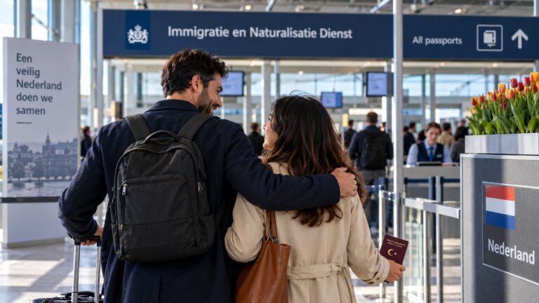 Hollanda vatandaşıyla aile birleşimi vizesi kapsamında Hollanda havalimanında buluşan çift ve Türk pasaportu