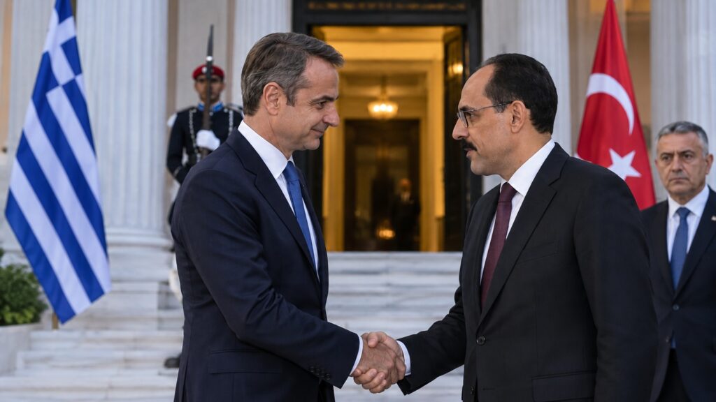 Yunan basını İbrahim Kalın'ın Atina’da Miçotakis’le görüştüğünü ve bunun gizlendiğini iddia etti 1 İbrahim Kalın Atina ziyareti için Türkiye ve Yunanistan bayrakları önünde diplomatik görüşmeyi temsil eden yazısız editoryal görsel