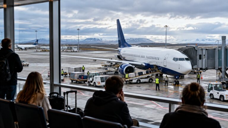 Icelandair grevi sonrası Keflavík Havalimanı apronda bekleyen yolcu uçağı ve terminaldeki yolcuların özgün temsili sahnesi