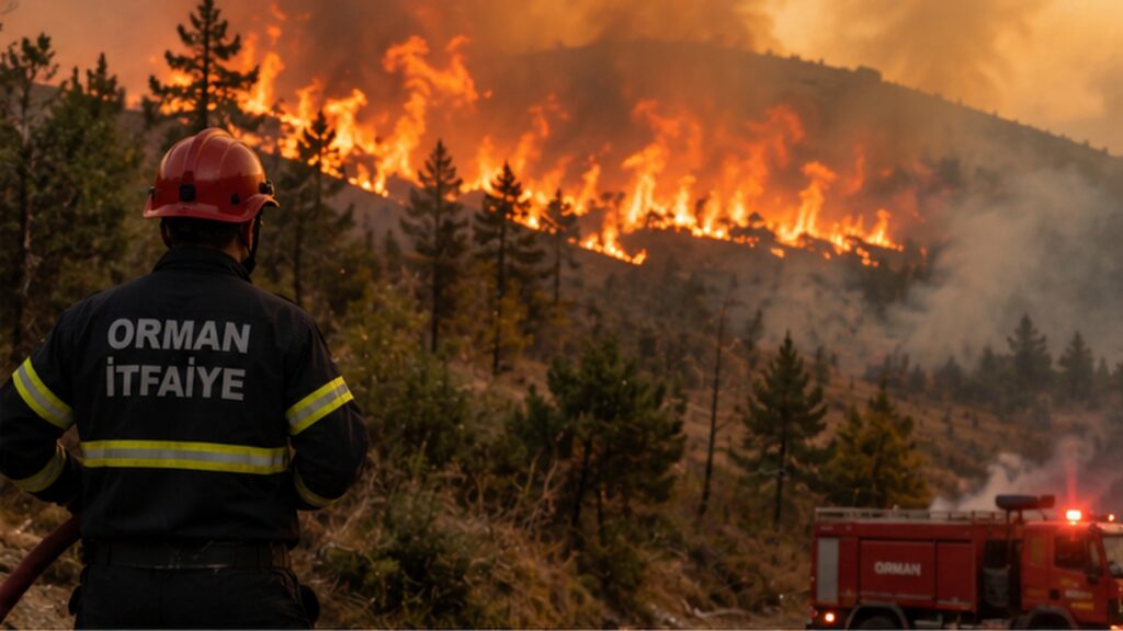 Incendios forestales en Turquía con bombero ante un frente de fuego
