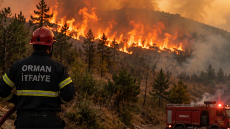 Incendios forestales en Turquía con bombero ante un frente de fuego