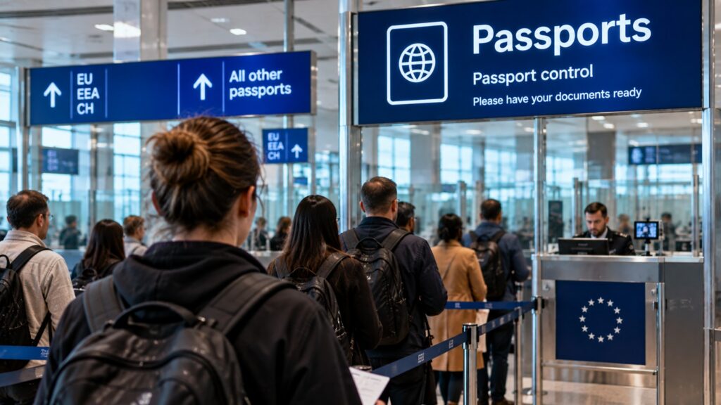 Skilled Worker işveren değiştirme haberini temsil eden pasaport kontrolünde bekleyen yabancı çalışanlar