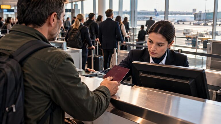 İngiltere taşıyıcı cezası haberinde havalimanı görevlisine pasaportunu uzatan yolcu ve check-in kontrolü