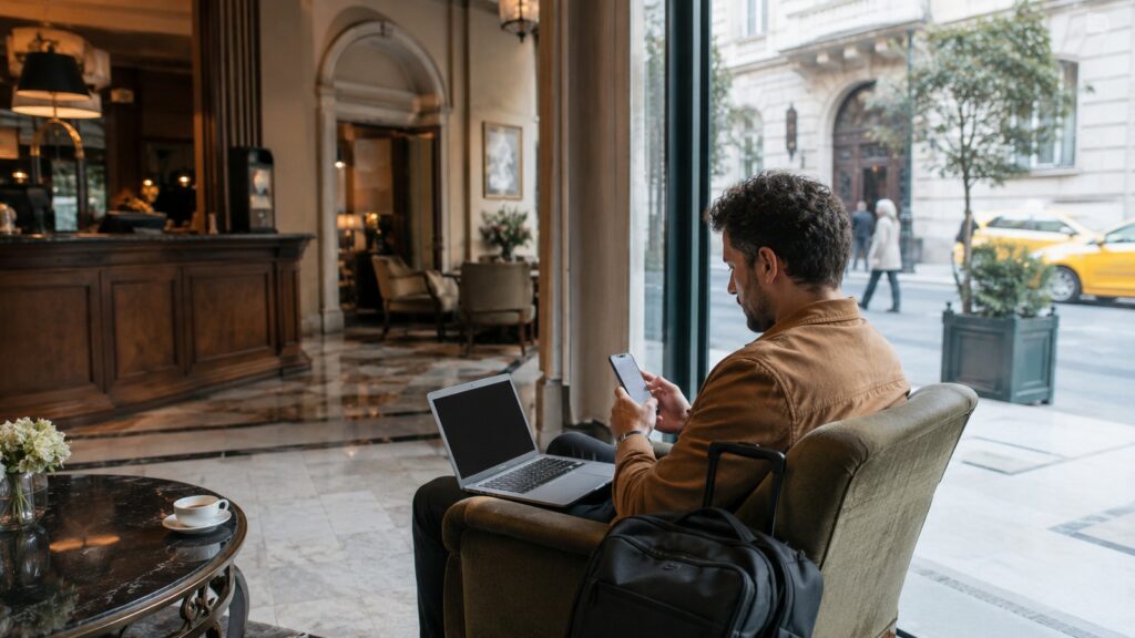 Viajero sentado en el lobby de un hotel junto a una ventana mientras usa el móvil y trabaja con el portátil