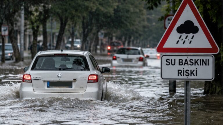 Inundaciones en Turquía con coches circulando por una calle anegada