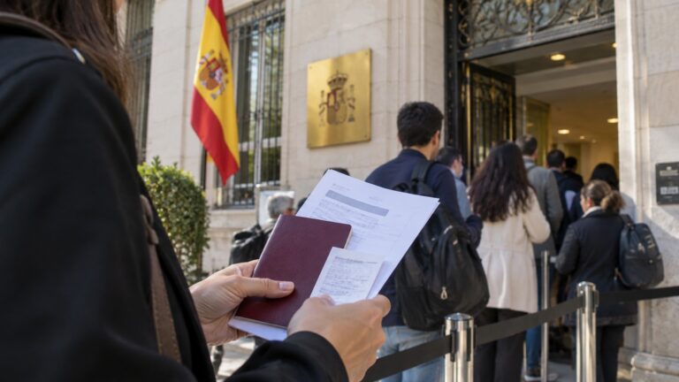 İspanya TASA ödemesi duyurusunu temsil eden İspanyol bayraklı konsolosluk girişinde pasaport ve evrak taşıyan başvuru sahibi