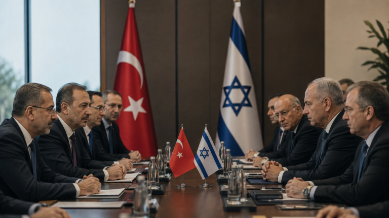 İsrail Türkiye ilişkileri kapsamında Türk ve İsrailli heyetleri temsil eden diplomatik toplantı görseli