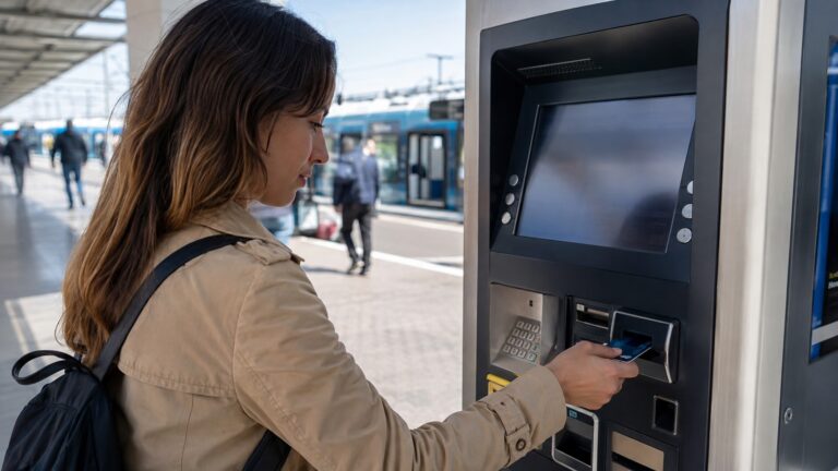 Viajera utilizando una máquina de billetes y transporte público para conseguir una tarjeta Istanbulkart