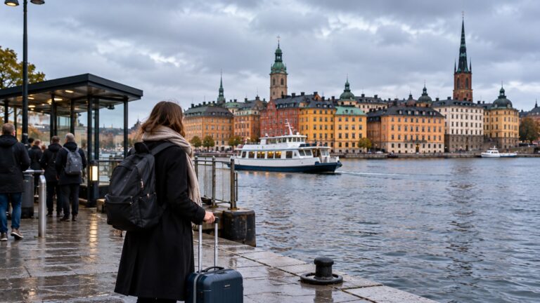 İsveç Schengen vizesi banka hesabı rehberi için Stockholm limanında valizli bir yolcu ve kent manzarası