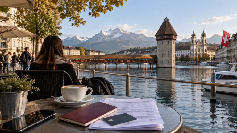 İsviçre Schengen vizesi banka hesabı konulu seyahat görselinde Luzern gölü, Kapellbrücke, pasaport, banka kartı ve hesap belgeleri