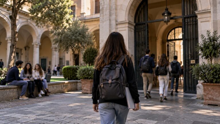 İtalya öğrenci vizesi başvurusunu temsil eden İtalyan üniversitesinin tarihi avlusunda kampüse yürüyen sırt çantalı öğrenci