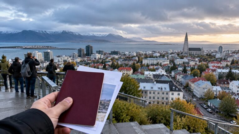 İzlanda Schengen vizesi banka hesabı için Reykjavík manzarası önünde pasaport ve seyahat belgeleri