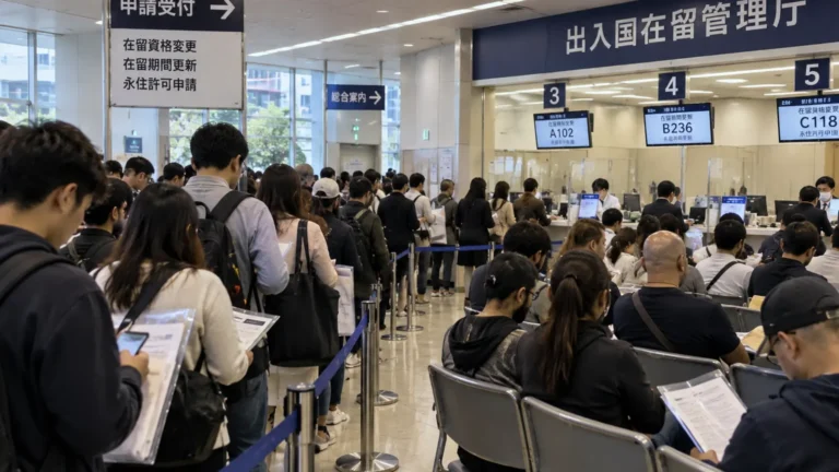 Japonya kalıcı oturum ücreti öncesi göçmenlik bürosunda sıra bekleyen başvuru sahipleri