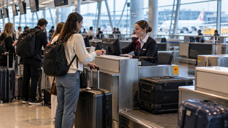 Jetstar çalışanları için bagaj işlemleri sırasında görevliyle görüşen yolcuyu gösteren temsili görsel