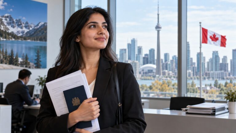 Kanada Express Entry CEC çekilişi haberini temsil eden pasaport ve Toronto görünümü