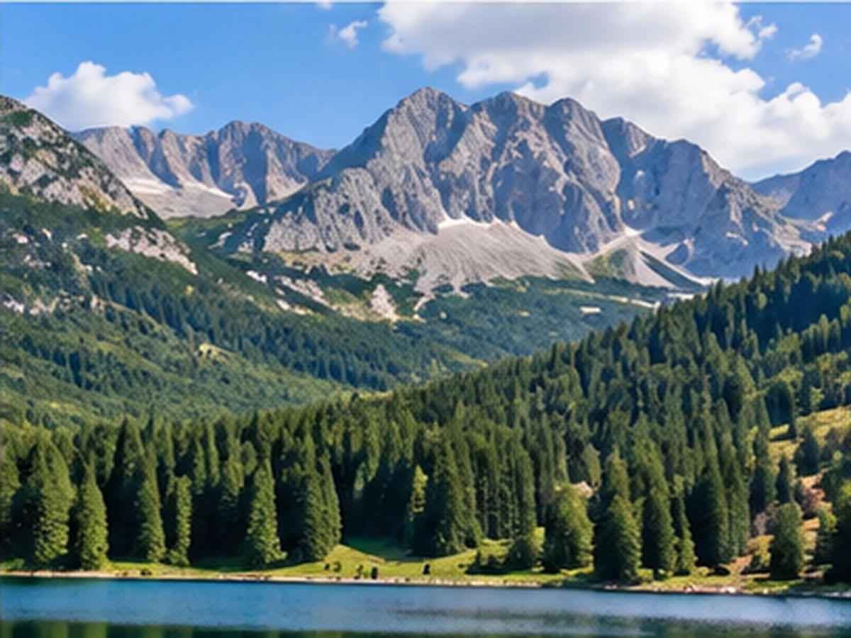 Durmitor Millî Parkı, dağ zirveleri, orman ve göl görünümü