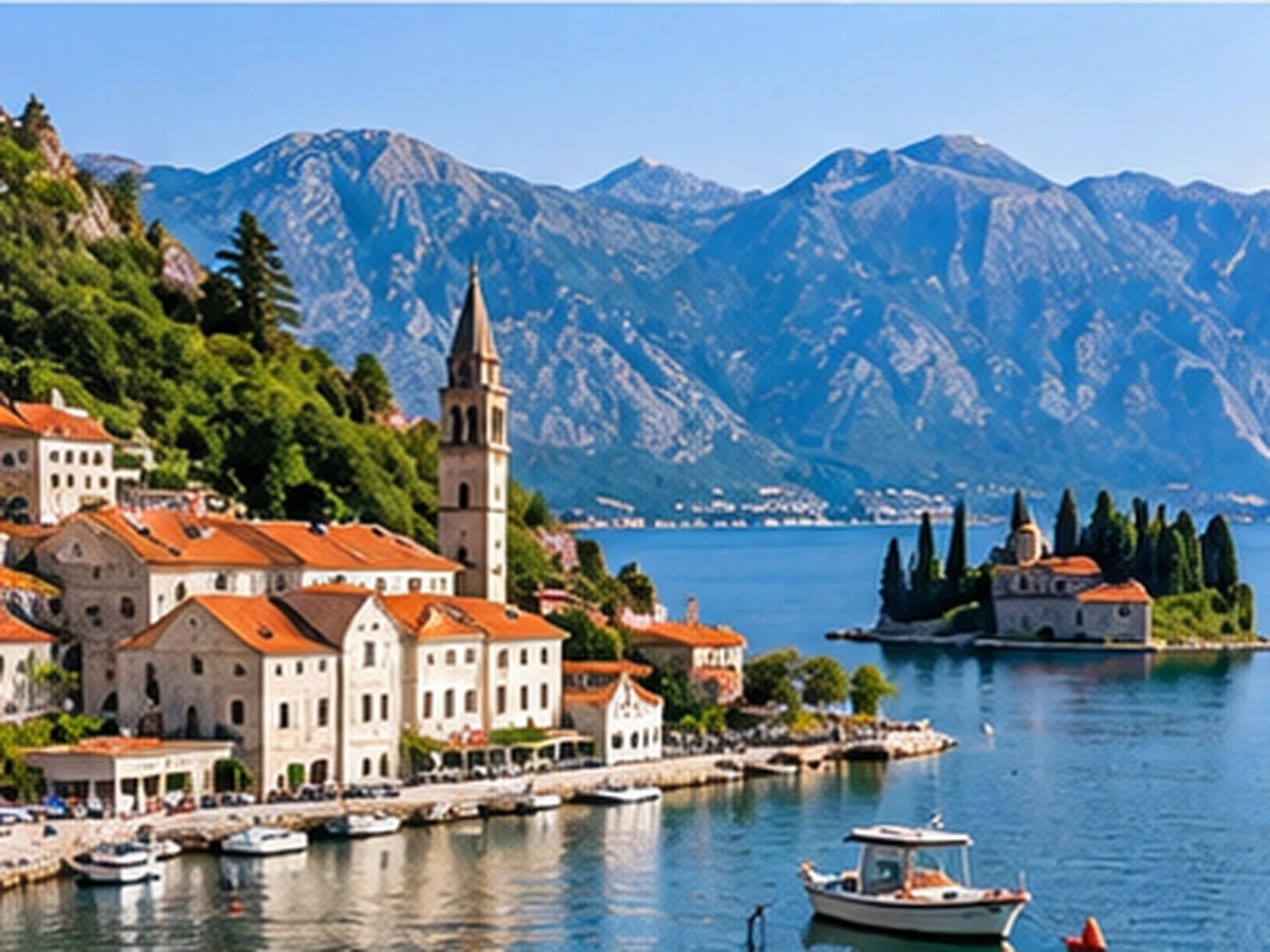 Perast kıyısında taş yapılar, körfez ve ada kilisesi görünümü