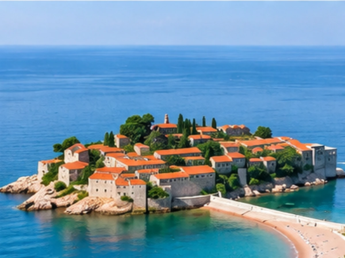 Sveti Stefan yarımadası, taş evler ve mavi Adriyatik Denizi