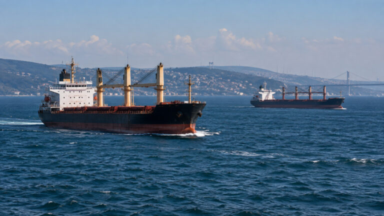 Karadeniz'de ticaret gemilerine saldırılar konulu haber için Açık denizde ticaret gemileri; Karadeniz’de seyrüsefer güvenliğini temsil eden yapay zekâ görseli.