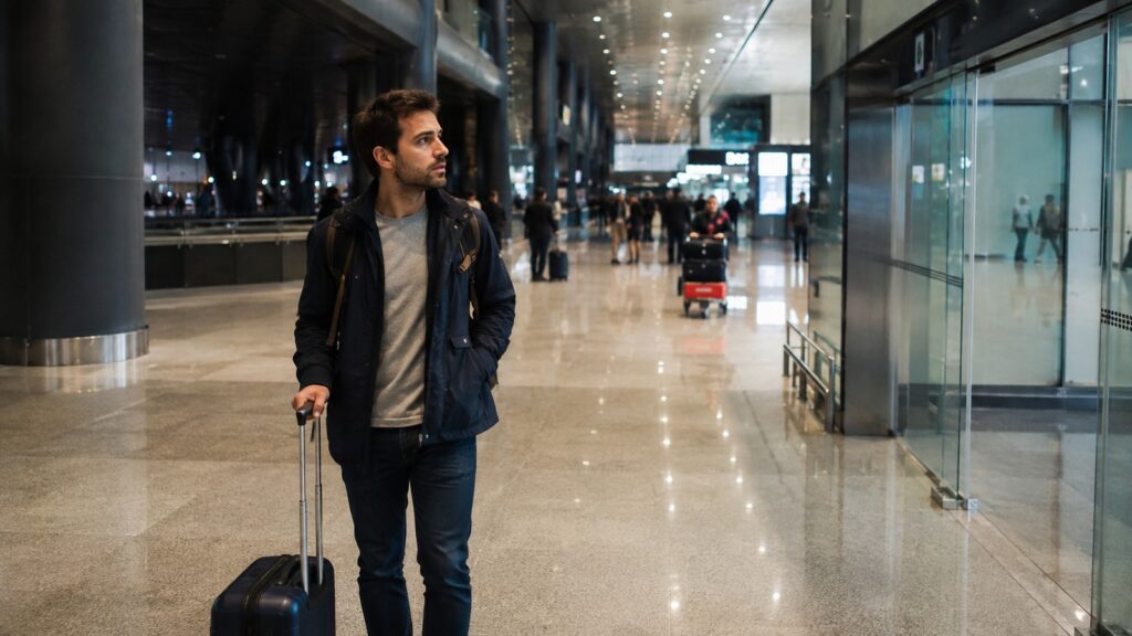 Viajero recién llegado camina por una terminal de aeropuerto de madrugada con una maleta de mano