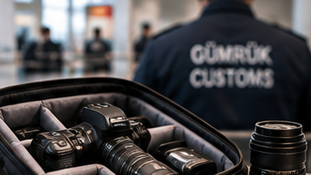 Una bolsa abierta con cámaras y objetivos fotográficos ante un control aduanero.