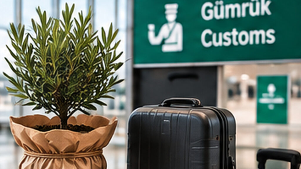 Una planta en maceta y una maleta junto a un área de aduanas en un aeropuerto.