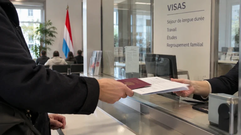 Lüksemburg D vizesi başvurusu için konsoloslukta pasaport ve belge sunan yolcu