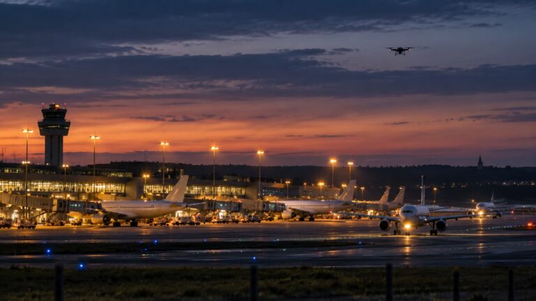 Lüksemburg Findel Havalimanı dron alarmı için temsili gece apronunda yolcu uçakları ve havada küçük dron