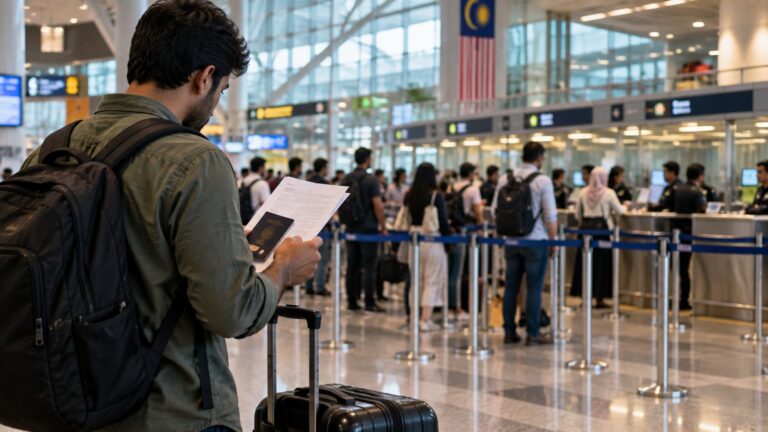 Malezya çalışma izni ve pasaport kontrolü için havalimanında belge inceleyen yolcu
