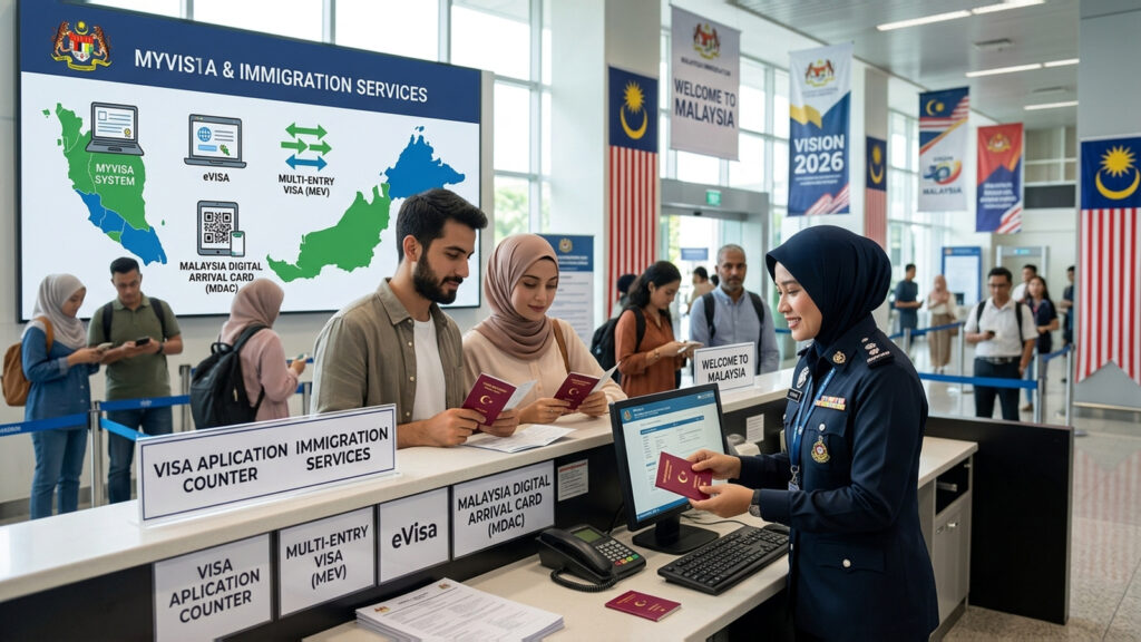 Malezya vizesi 2026 için MyVISA, eVISA, MDAC ve göç kontrolü sahnesi
