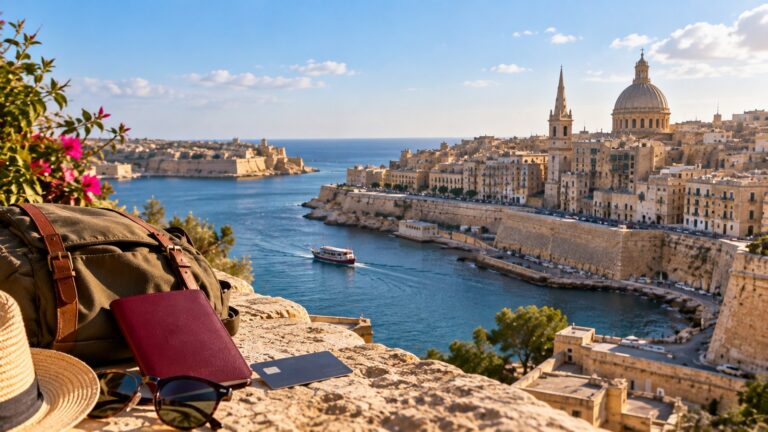 Malta Schengen vizesi banka hesabı için Valletta limanı manzarası önünde pasaport, seyahat çantası ve banka kartı