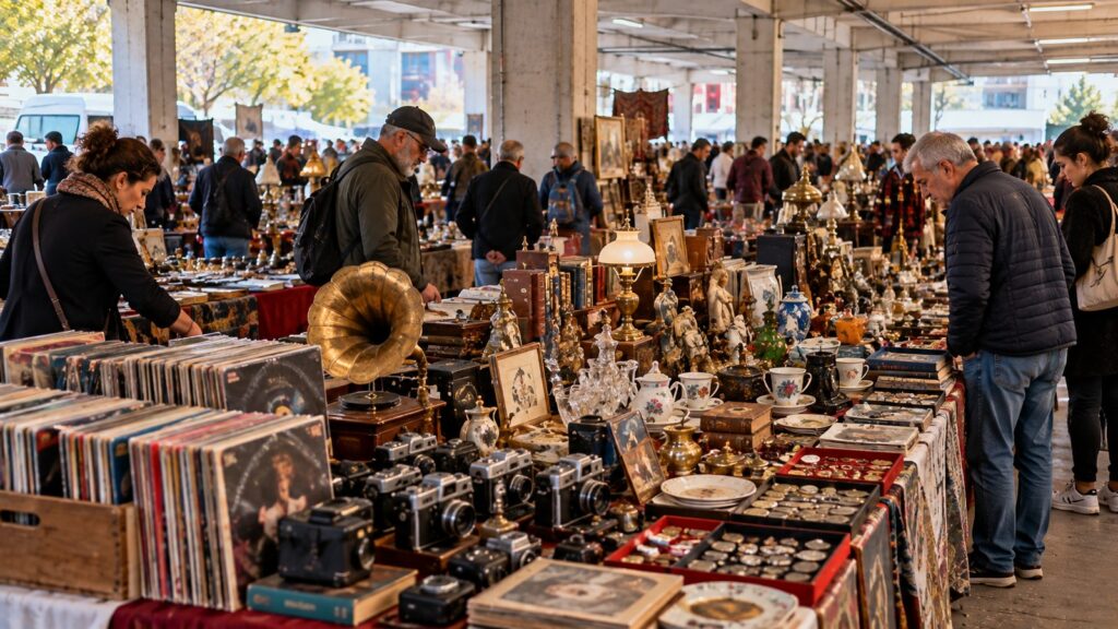 Mercadillo de Feriköy con puestos de discos, cámaras y objetos de segunda mano