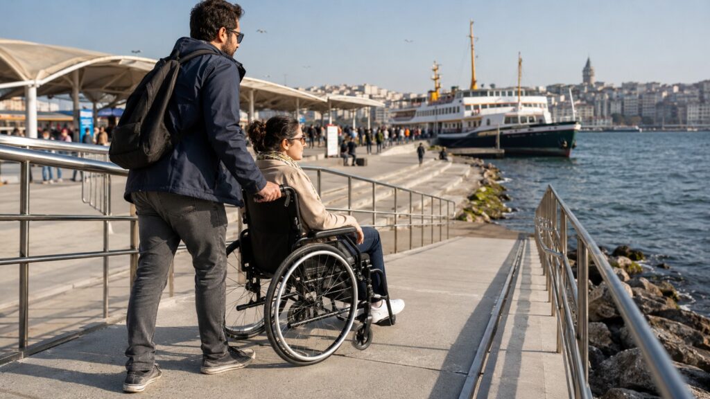 Movilidad reducida en Estambul: viajera en silla de ruedas accede a un embarcadero junto al Bósforo acompañada por otra persona