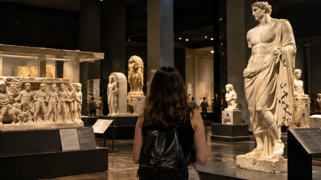 MüzeKart 99 para españoles residentes en Turquía: visitante en una sala de esculturas de museo