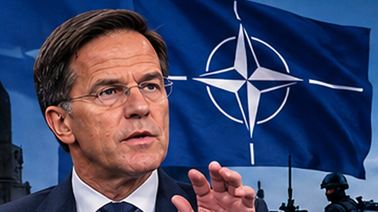 NATO Genel Sekreteri Mark Rutte konulu haber için NATO bayrağı ve Genel Sekreteri temsil eden yapay zekâyla hazırlanmış editoryal sahne.
