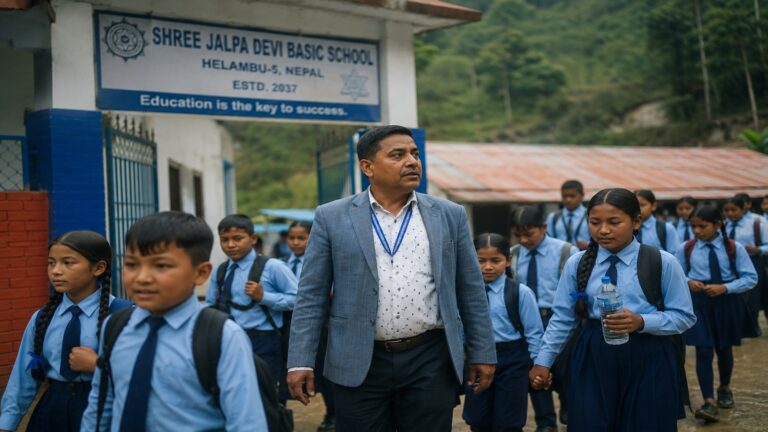 Nepal okul müdürü haberinde okuldan ayrılan öğrencileri gösteren temsili sahne