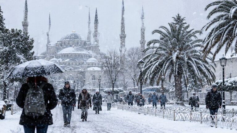 Nieve en Turquía con peatones caminando por Estambul durante una nevada