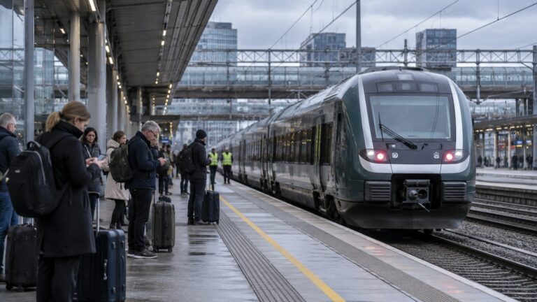 Norveç tren grevi sırasında peronda bekleyen yolcular ve tren