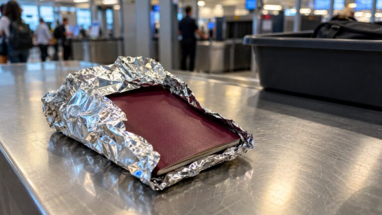 pasaportu alüminyum folyoya sarmak uygulamasını temsil eden, kontrol bankosunda folyonun içinden çıkarılmış bordo pasaport