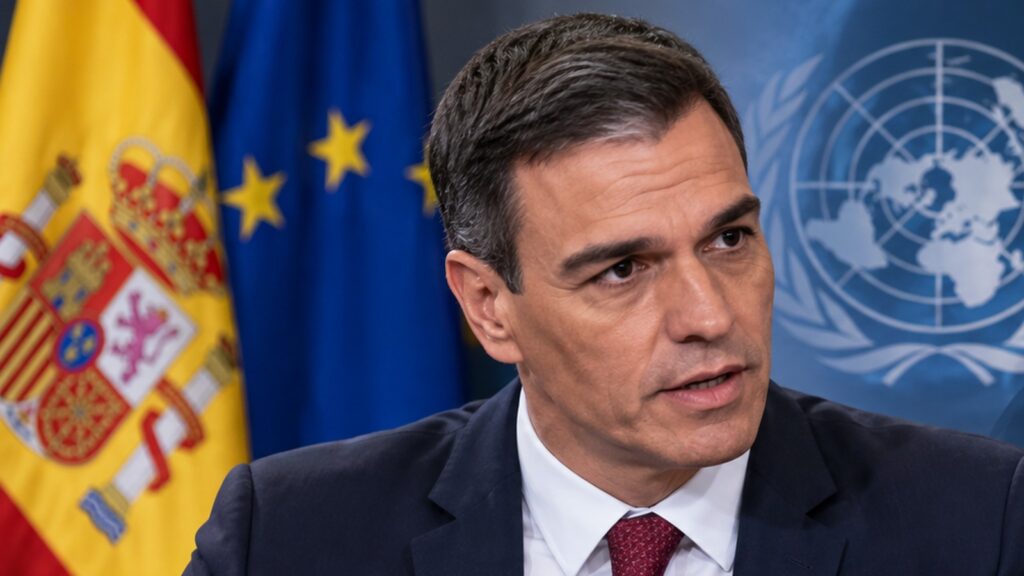 Pedro Sanchez, CNN'de Trump'ın politikalarına karşı ortak hareket etme çağrısı yaptı 1 Pedro Sánchez CNN röportajı sırasında Pedro Sánchez’i İspanya ve Avrupa Birliği bayrakları önünde gösteren temsili portre