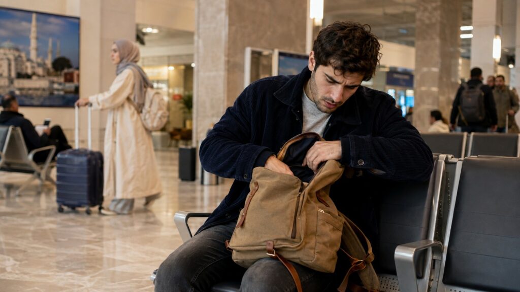 Perder la cartera o el móvil en Turquía: viajero busca sus pertenencias en una mochila dentro de una terminal