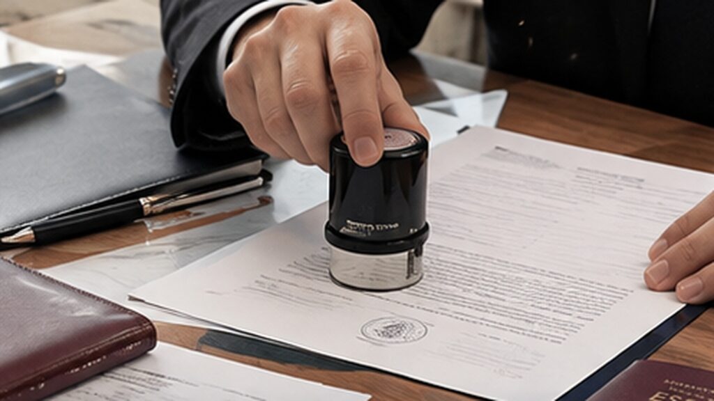Poder notarial desde Turquía con un funcionario sellando documentos sobre una mesa