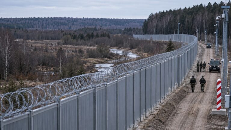 Polonya Belarus sınırında iltica başvurusu kısıtlamasının uygulandığı güvenlik çiti ve devriye hattı