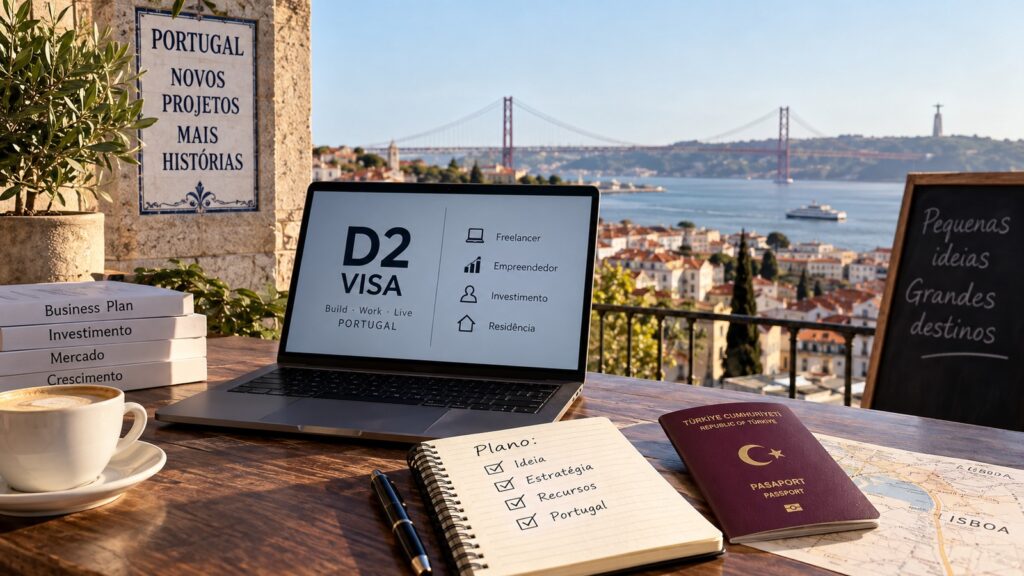 Portekiz D2 vizesinde sabit yatırım alt sınırı yok 1 Portekiz D2 vizesi için iş planı ve yatırım hazırlığını temsil eden Lizbon manzaralı çalışma masası