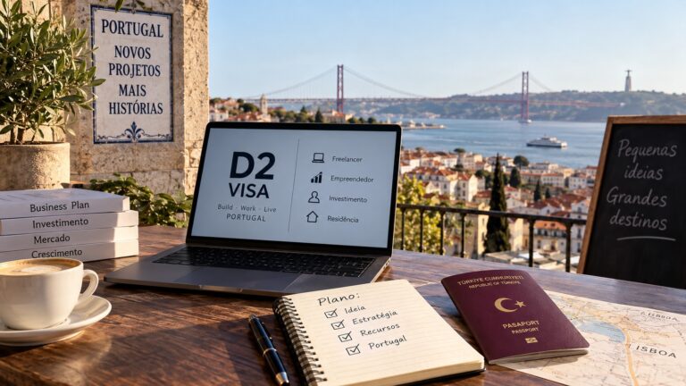 Portekiz D2 vizesi için iş planı ve yatırım hazırlığını temsil eden Lizbon manzaralı çalışma masası
