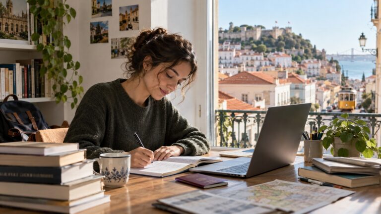 Portekiz D4 vizesi için eğitim belgelerini hazırlayan öğrencinin Lizbon manzaralı çalışma ortamı