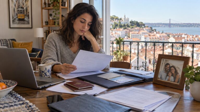 Portekiz D6 aile birleşimi vizesi için aile ve oturum belgelerini inceleyen başvuru sahibi