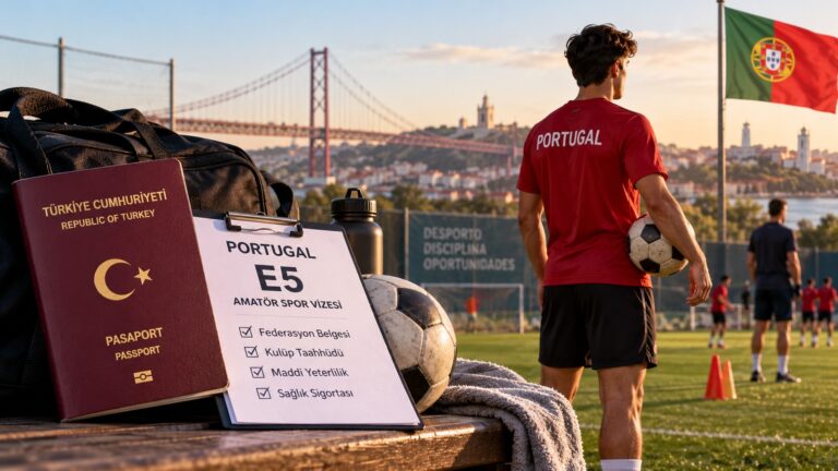 Portekiz E5 amatör spor vizesi için futbol sahasında kulüp ve federasyon belgeleriyle hazırlık yapan sporcu